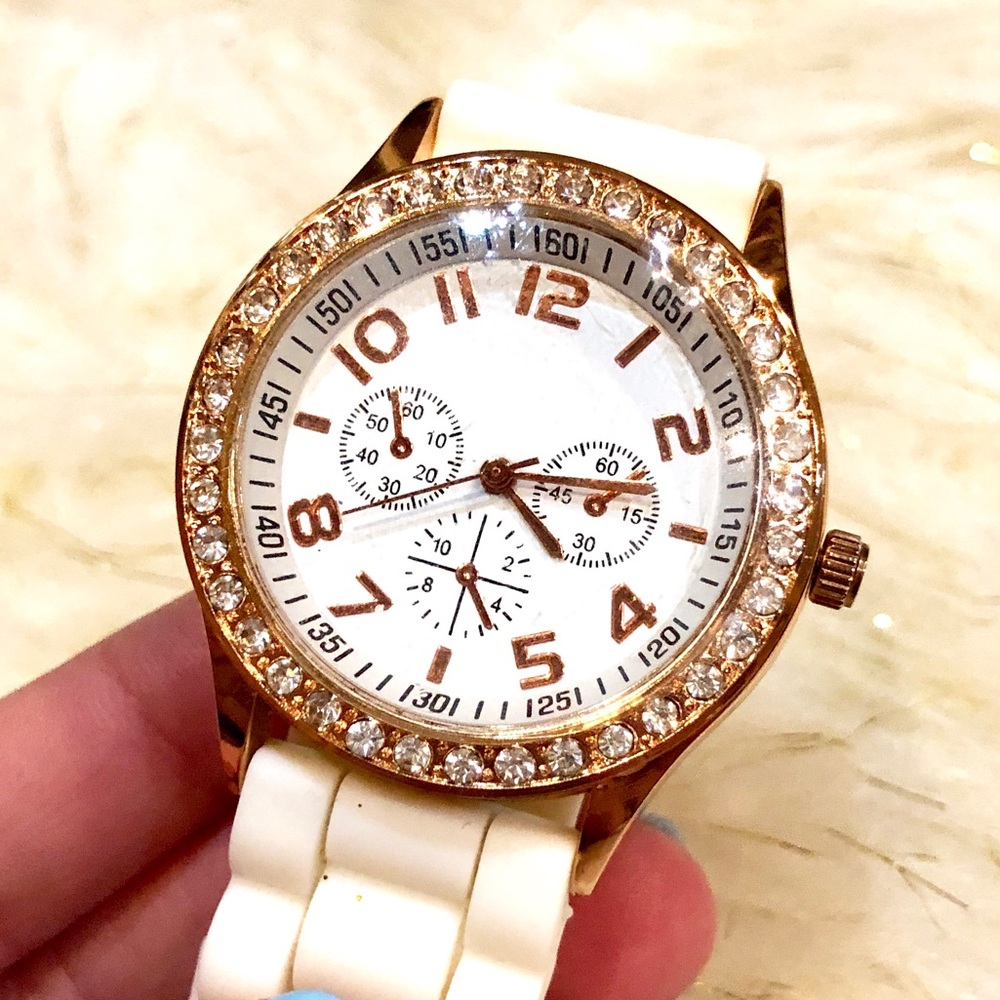 White Rubber Diamond Sparkly Gold Watch